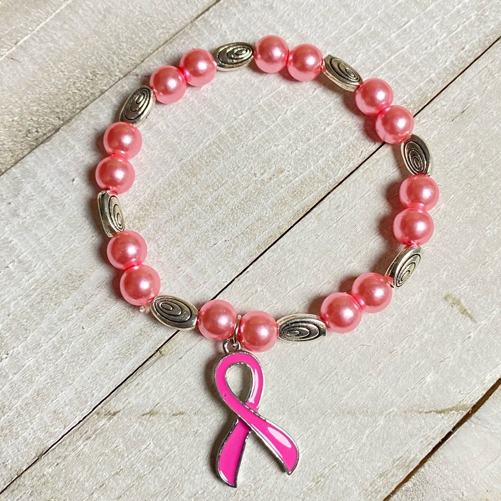 Dark Pink Ribbon Stretchy Bracelet with Dangling Charm